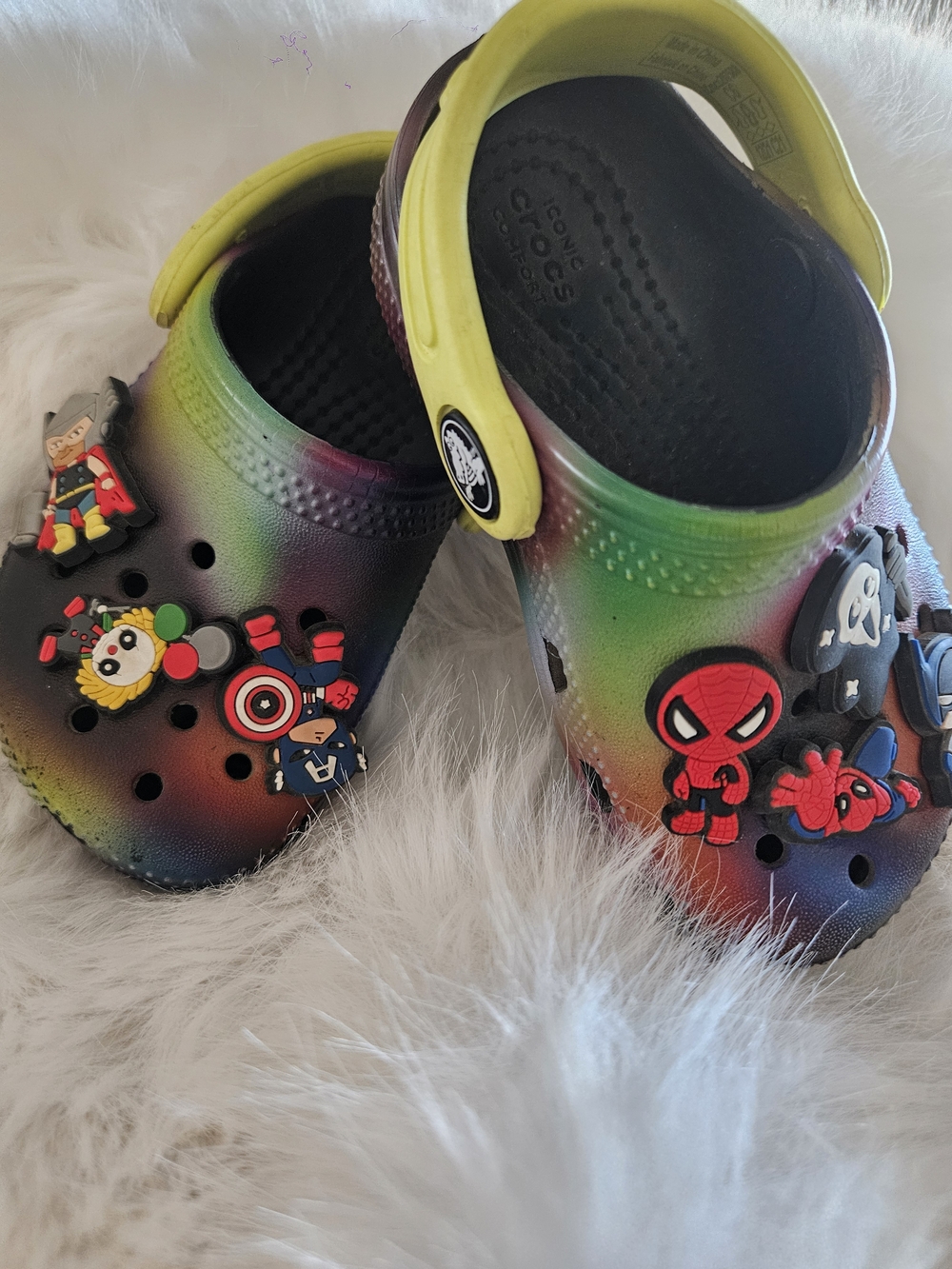 CROCS Rainbow Tie-Dye Classic Clog with Superhero Charms